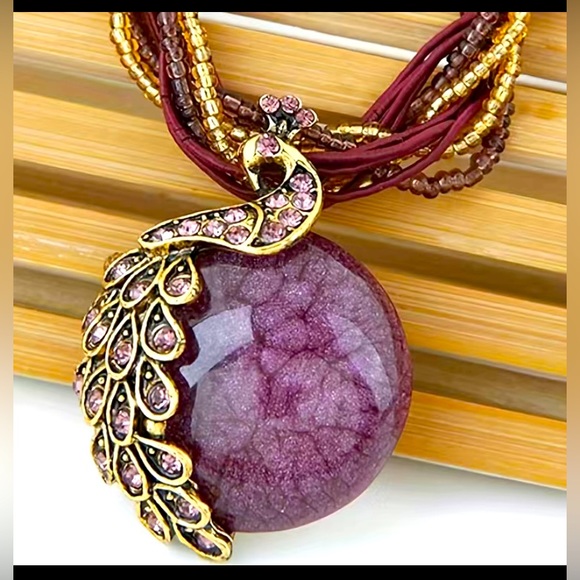 Bohemian Retro Peacock Fashion Stone Pendant Necklace in Dark Purple - Picture 2 of 5